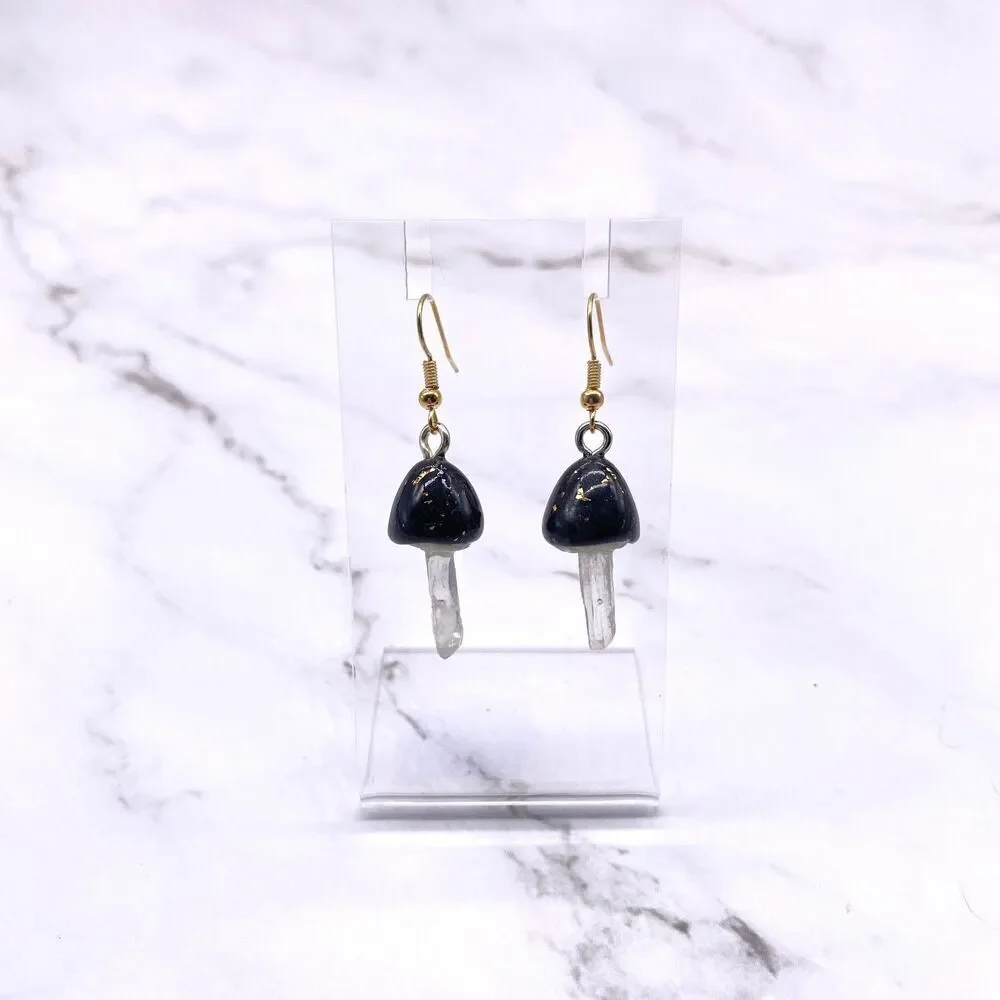 Black Mushroom Quartz Crystal Dangle wire hook polymer Clay Earrings